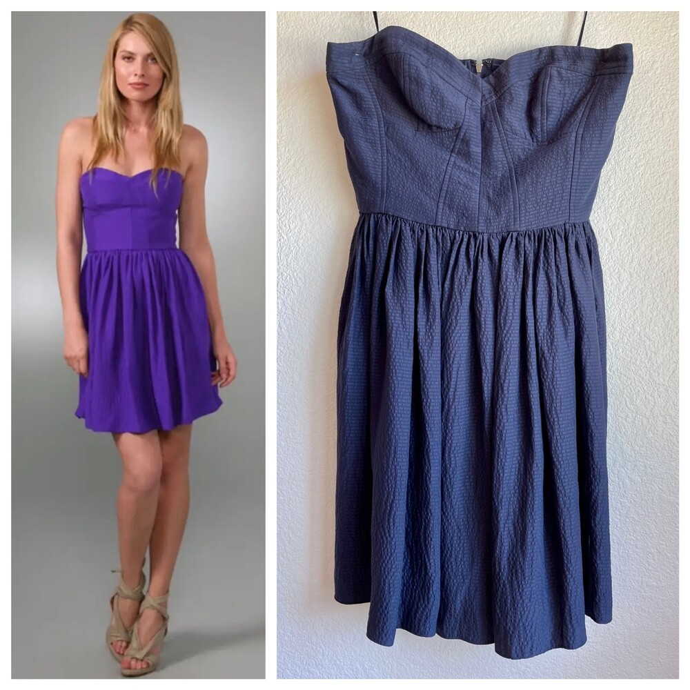 Rebecca Taylor Hammered Silk Boned Strapless Perfect Party Dress in Navy Size 2